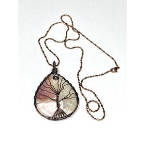 Necklace Mother of Pearl Tree of Life Wire Work Cooper Rose Gold Tone Chain 23”